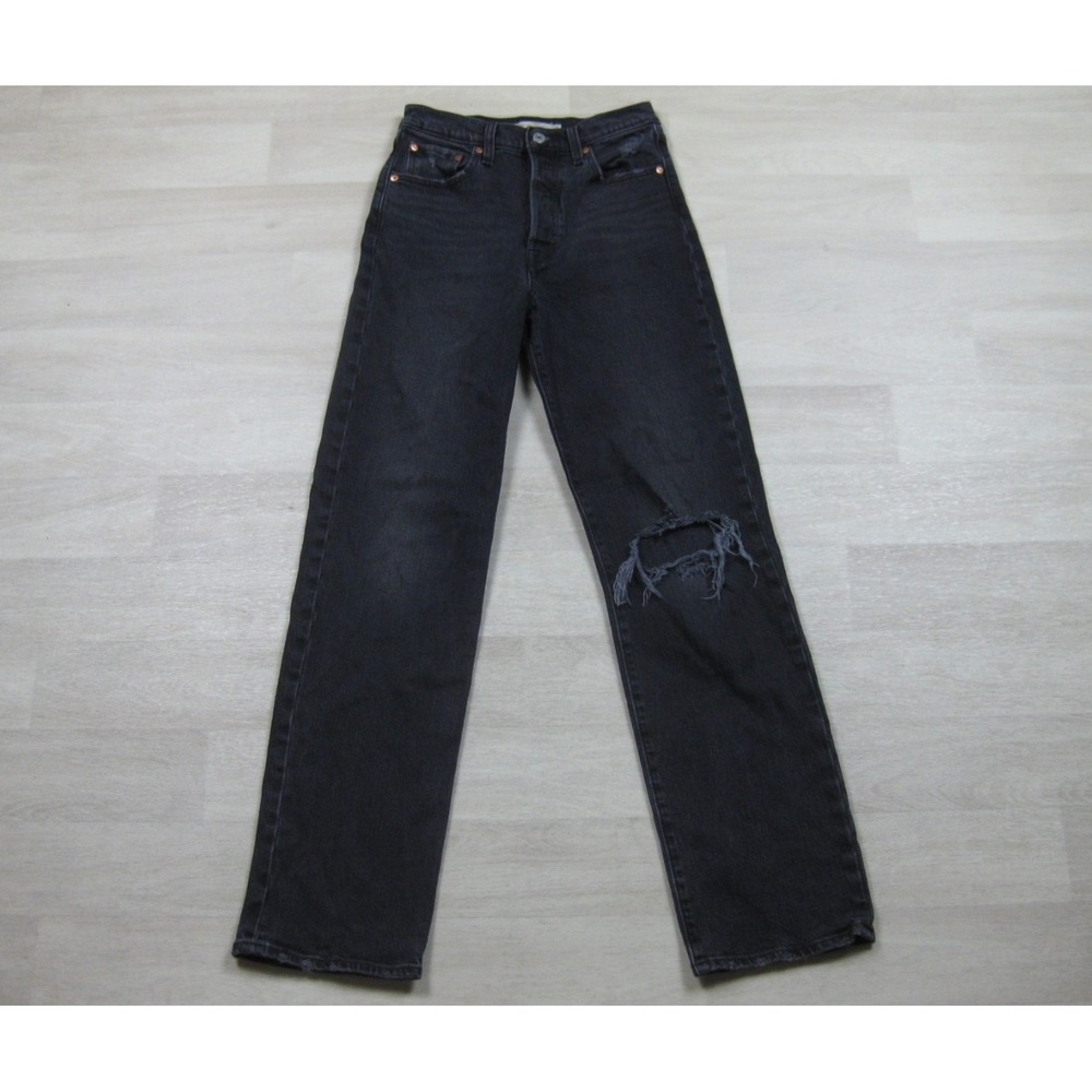 Levi's Ribcage Straight Jeans Women's (25) High Rise Black Denim‎ Distressed